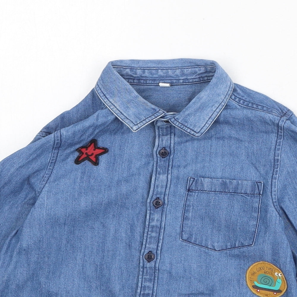 Marks and Spencer Boys Blue 100% Cotton Pullover Button-Up Size 4-5 Years Collared Button - Appliqués