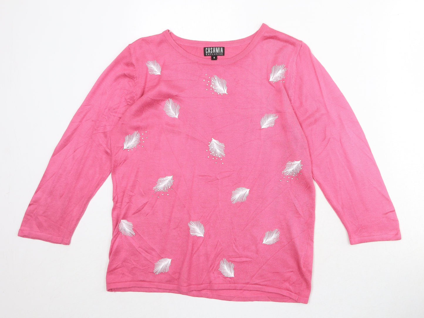 CASAMIA Womens Pink Round Neck Geometric Acrylic Pullover Jumper Size S - Feathers Print
