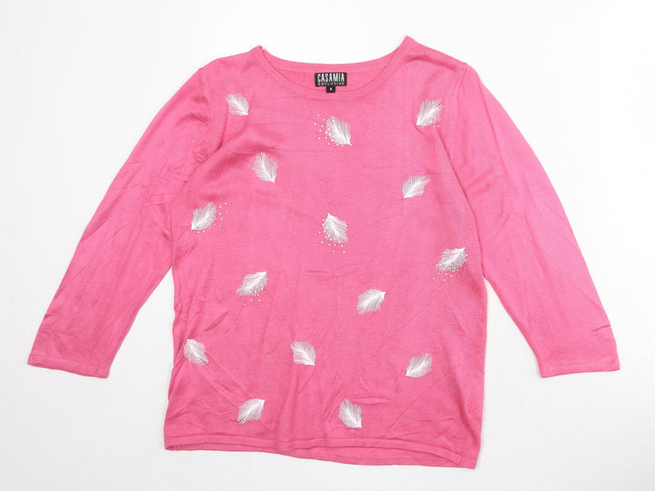 CASAMIA Womens Pink Round Neck Geometric Acrylic Pullover Jumper Size S - Feathers Print