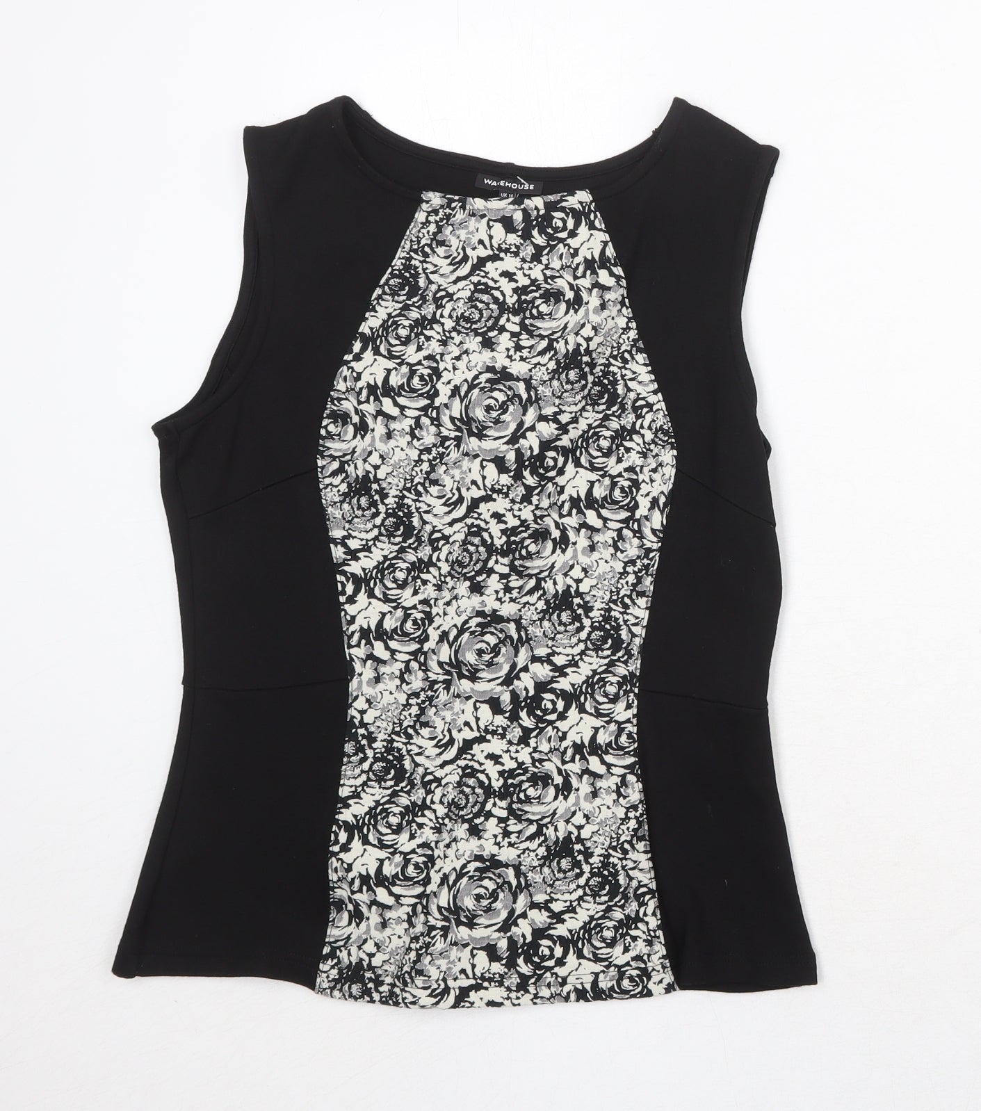 Warehouse Womens Black Floral Viscose Basic Tank Size 14 Round Neck