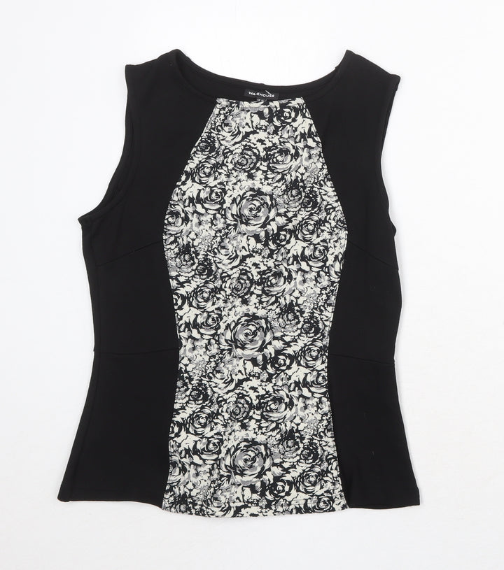 Warehouse Womens Black Floral Viscose Basic Tank Size 14 Round Neck