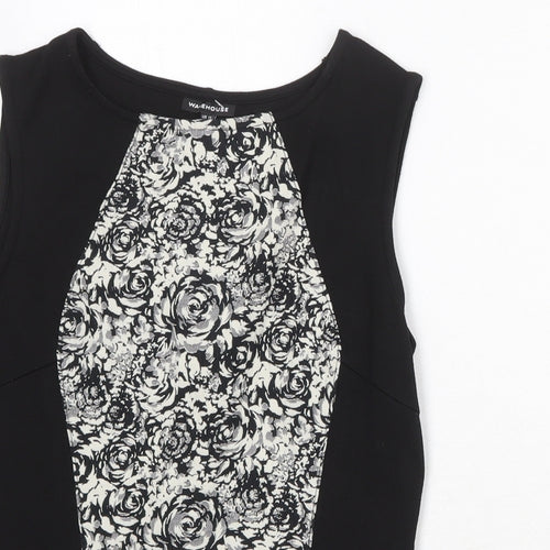 Warehouse Womens Black Floral Viscose Basic Tank Size 14 Round Neck