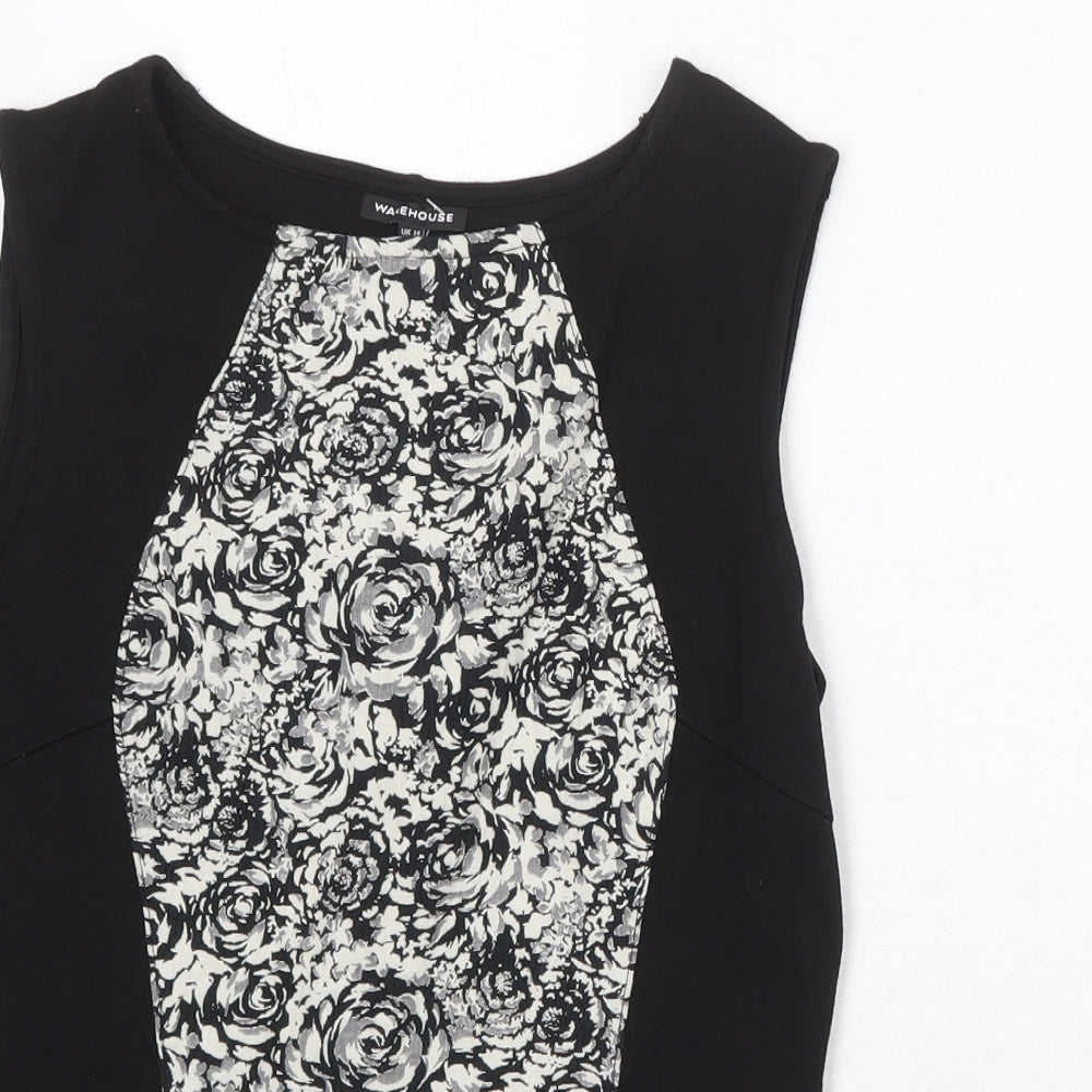Warehouse Womens Black Floral Viscose Basic Tank Size 14 Round Neck