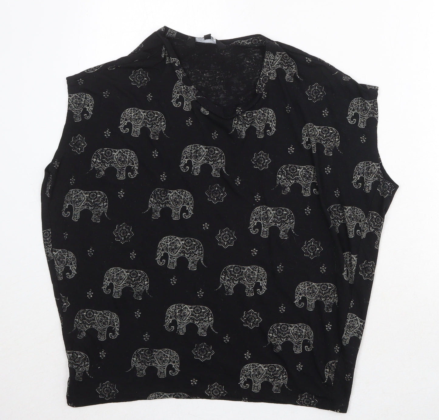 New Look Womens Black Geometric Polyester Basic Blouse Size 8 Round Neck - Mandala Elephant Print