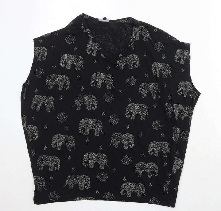 New Look Womens Black Geometric Polyester Basic Blouse Size 8 Round Neck - Mandala Elephant Print