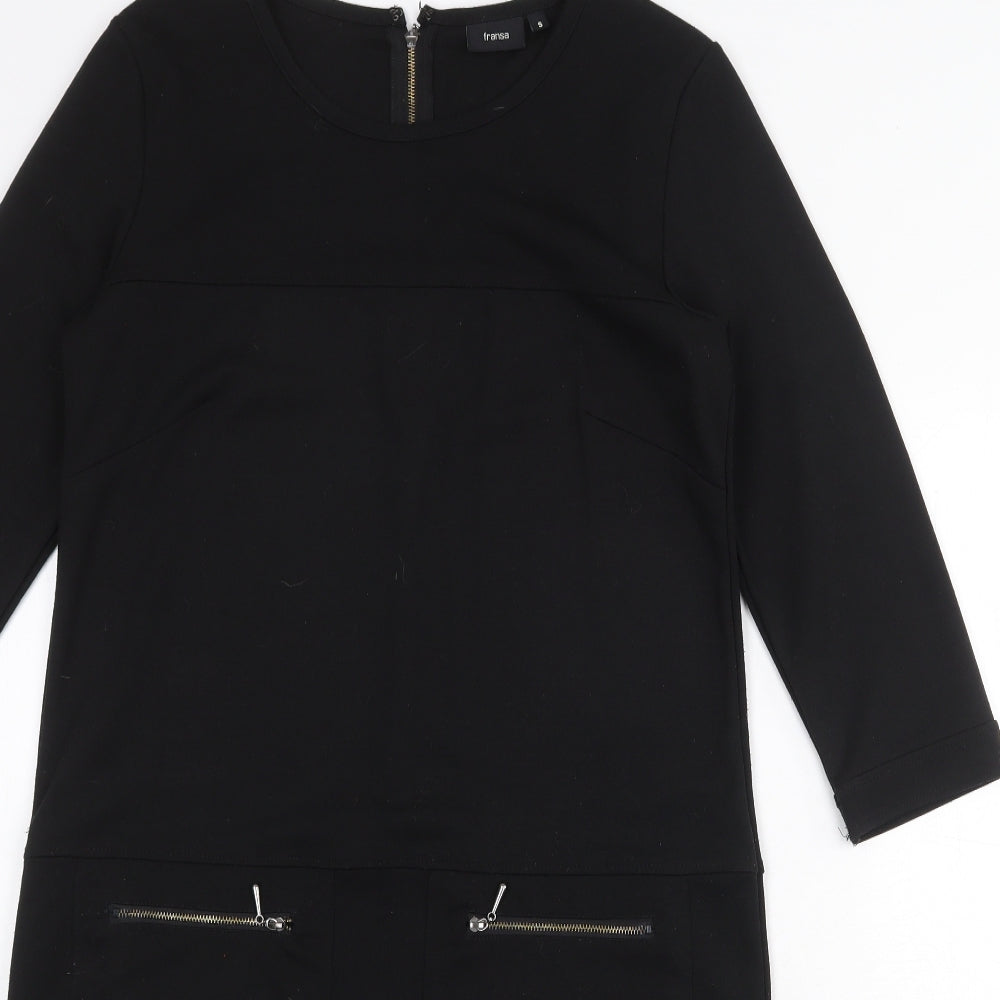Fransa Womens Black Polyester A-Line Size S Round Neck Zip