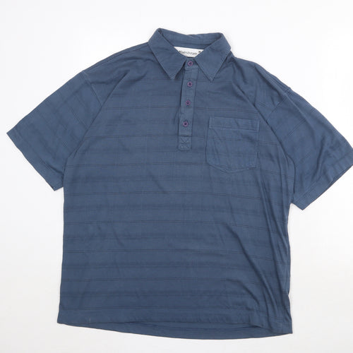 Mainstream Mens Blue Striped Polyester Polo Size M Collared Button