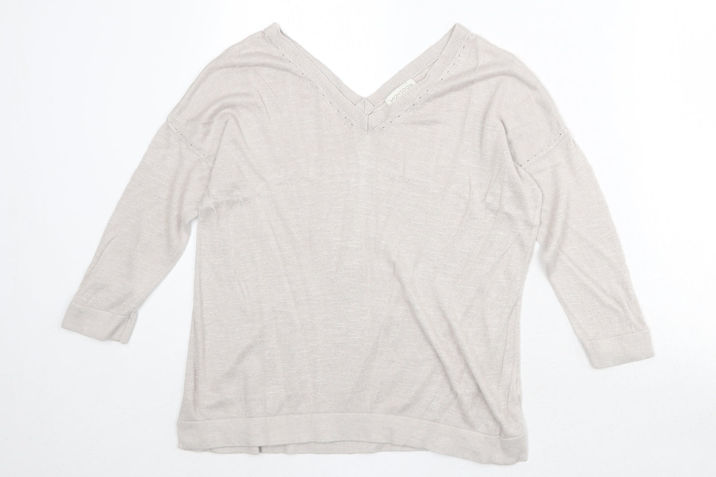 Monsoon Womens Beige V-Neck Acrylic Pullover Jumper Size S