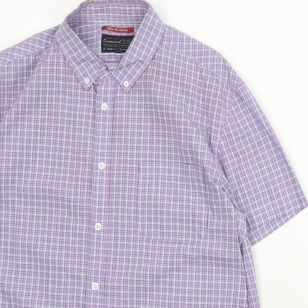 Criminal Mens Purple Plaid Cotton Button-Up Size L Collared Button