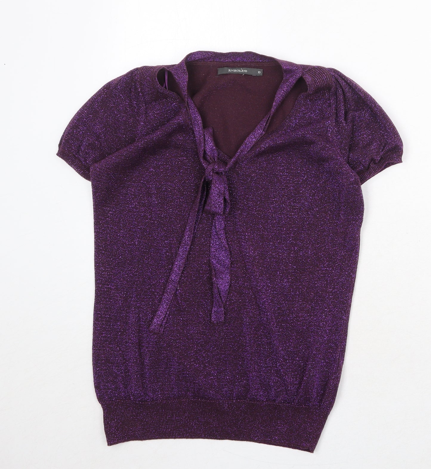 River Island Womens Purple Geometric Acrylic Basic Blouse Size 10 Round Neck