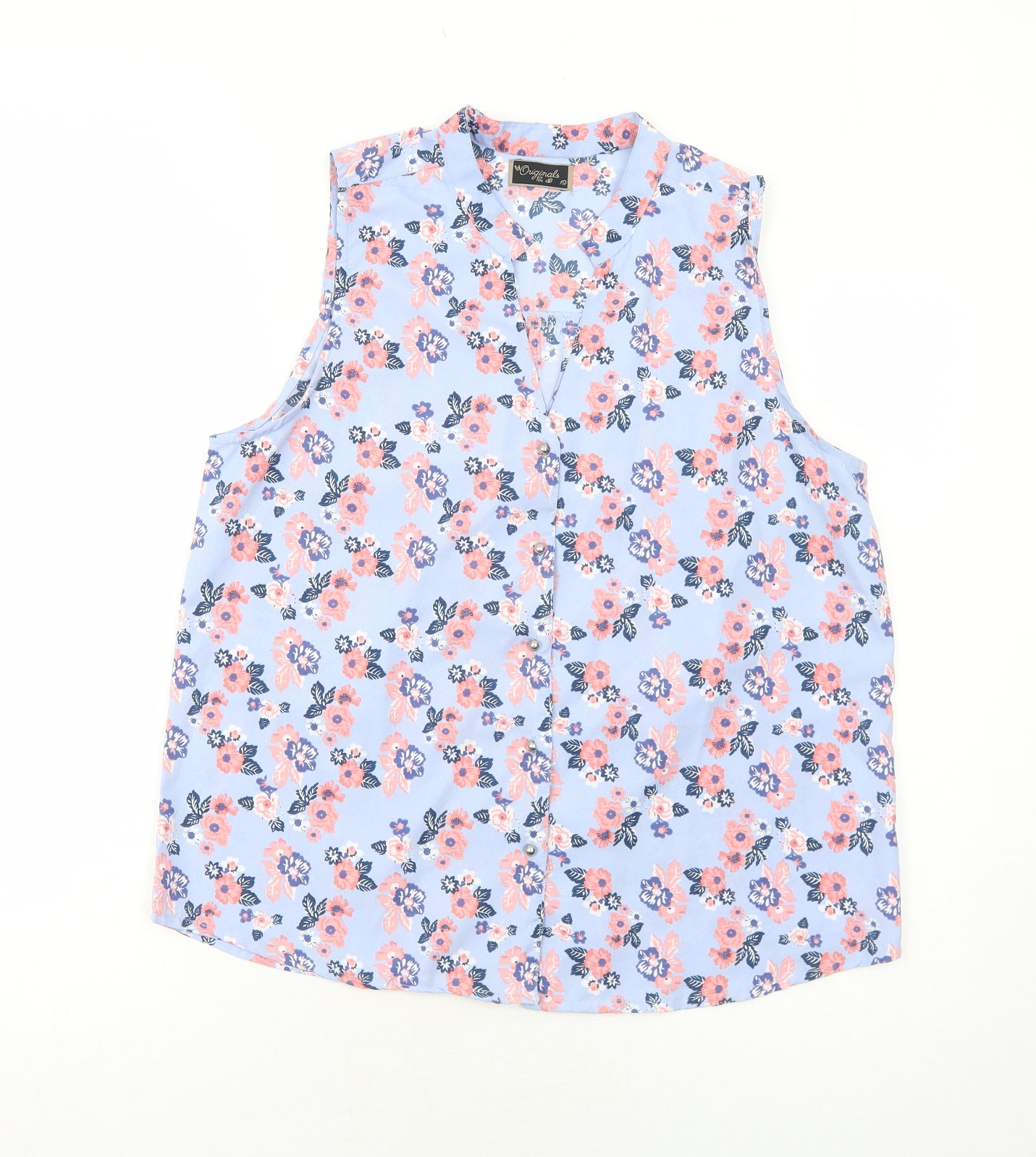 Originals Womens Blue Floral Polyester Basic Button-Up Size 12 V-Neck