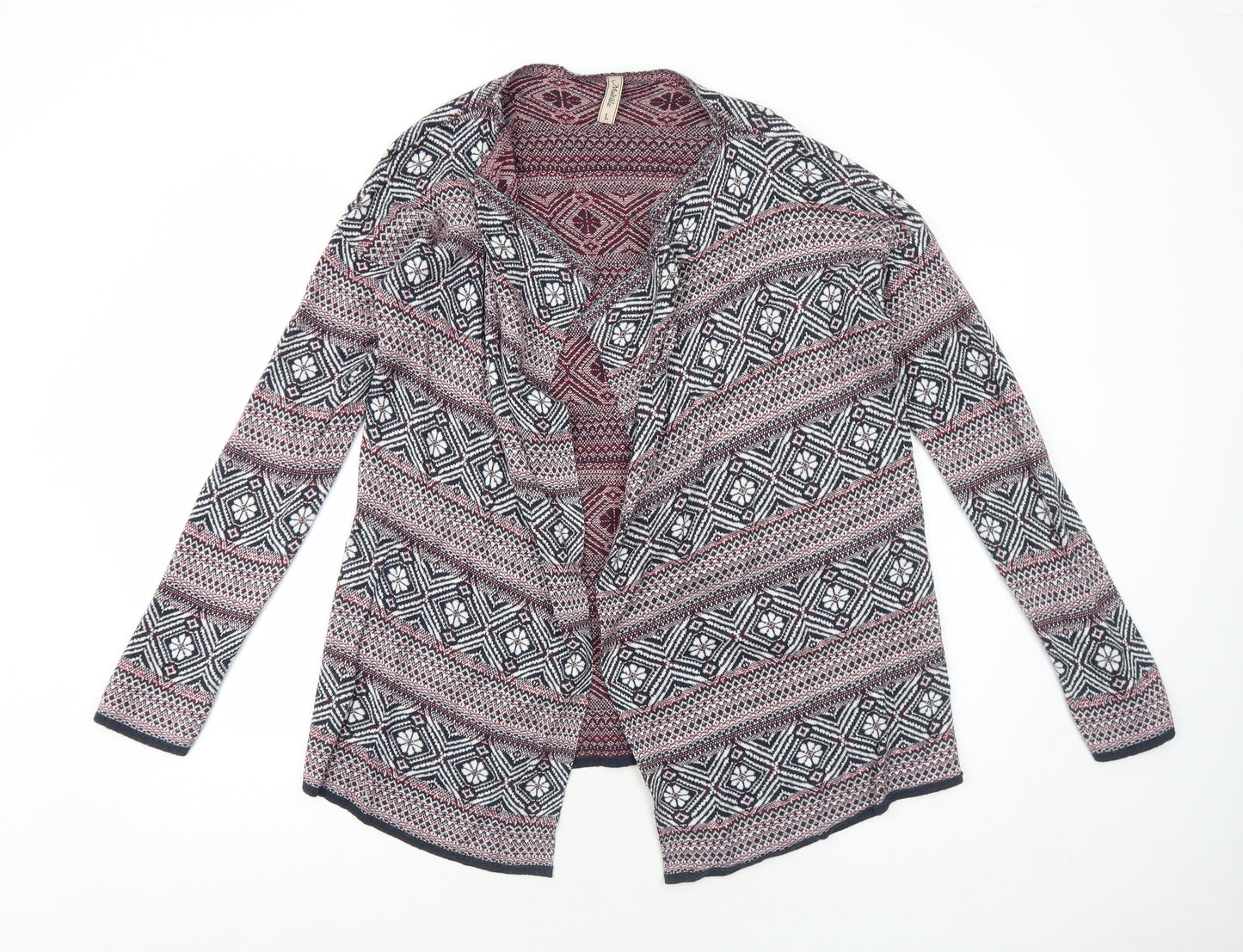 Multiblu Womens Red V-Neck Geometric Viscose Cardigan Jumper Size L