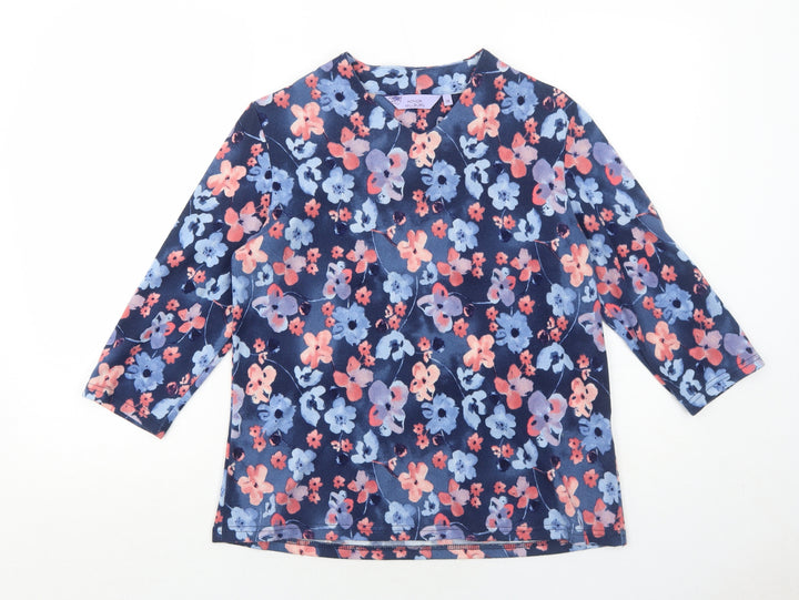 EWM Womens Blue V-Neck Floral Polyester Pullover Jumper Size 14