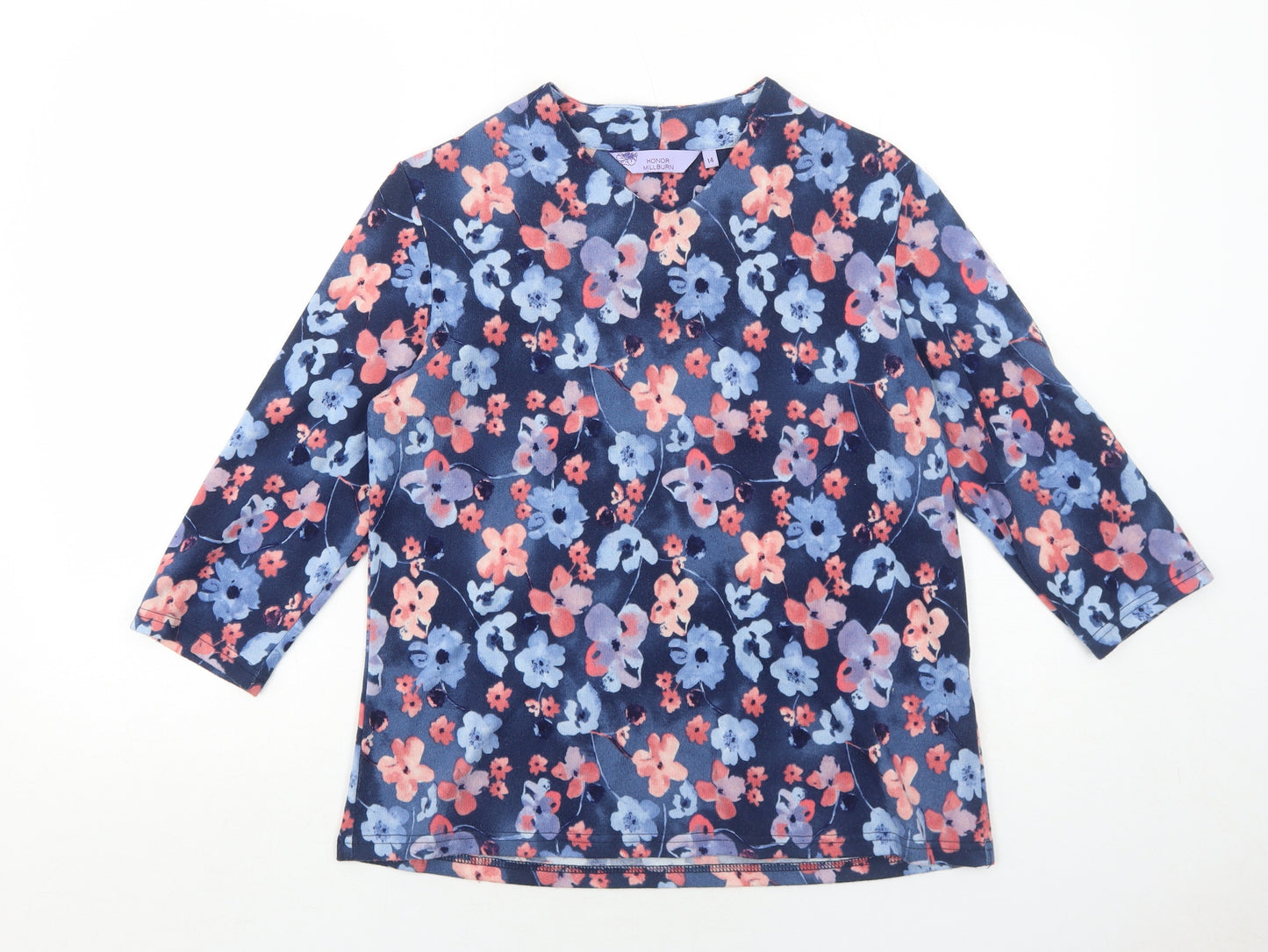 EWM Womens Blue V-Neck Floral Polyester Pullover Jumper Size 14