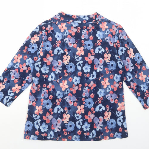EWM Womens Blue V-Neck Floral Polyester Pullover Jumper Size 14