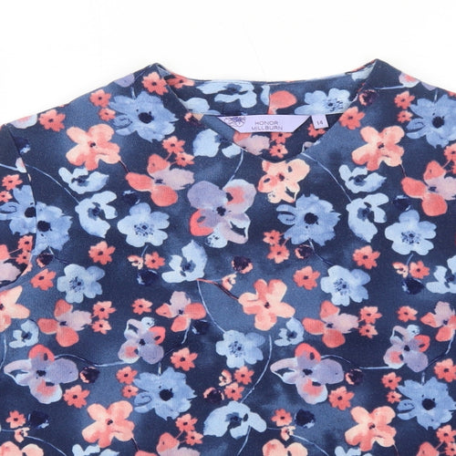 EWM Womens Blue V-Neck Floral Polyester Pullover Jumper Size 14