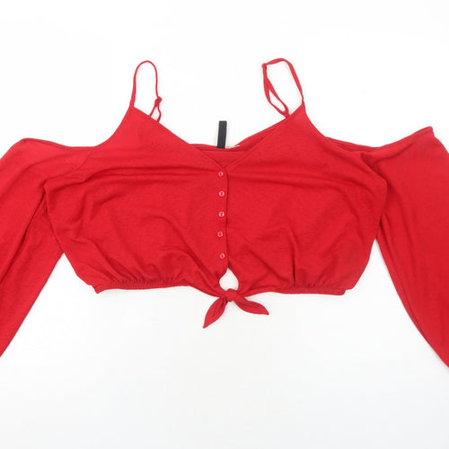 H&M Womens Red Polyester Cropped Tank Size L V-Neck - Cold Shoulder