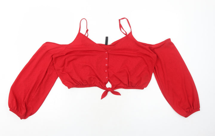 H&M Womens Red Polyester Cropped Tank Size L V-Neck - Cold Shoulder