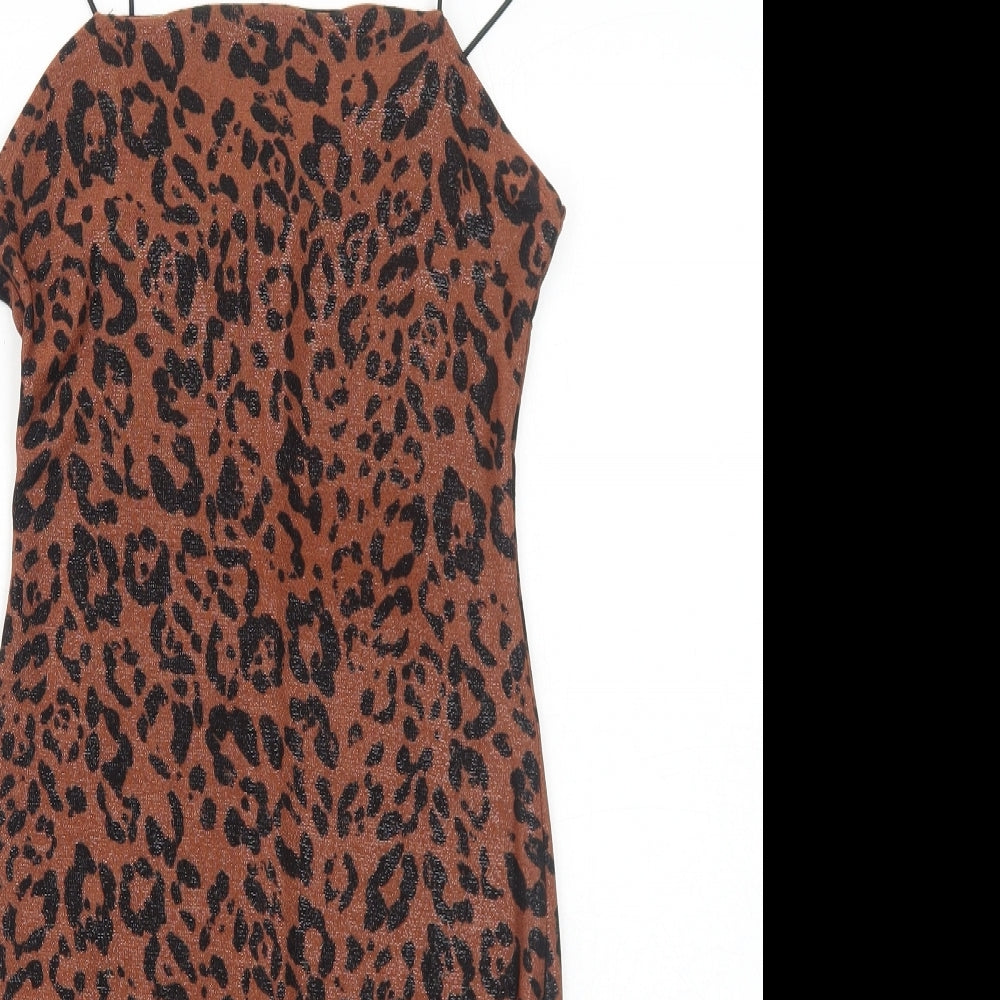New Look Womens Brown Animal Print Polyester Mini Size 8 Square Neck Pullover - Leopard Print