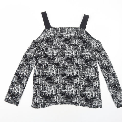 Sparkle & Fade Womens Black Geometric Viscose Basic Blouse Size M Square Neck - Cold Shoulder
