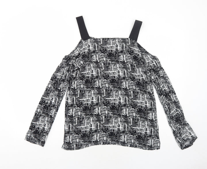 Sparkle & Fade Womens Black Geometric Viscose Basic Blouse Size M Square Neck - Cold Shoulder