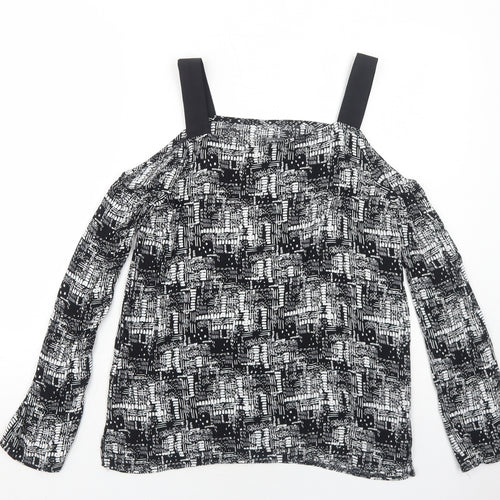 Sparkle & Fade Womens Black Geometric Viscose Basic Blouse Size M Square Neck - Cold Shoulder
