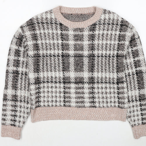 New Look Womens Grey Round Neck Plaid Acrylic Pullover Jumper Size S