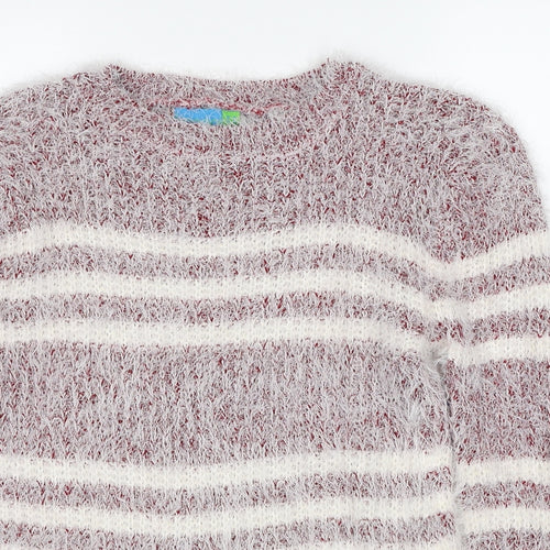 Koopoi Womens White Round Neck Striped Cotton Pullover Jumper One Size