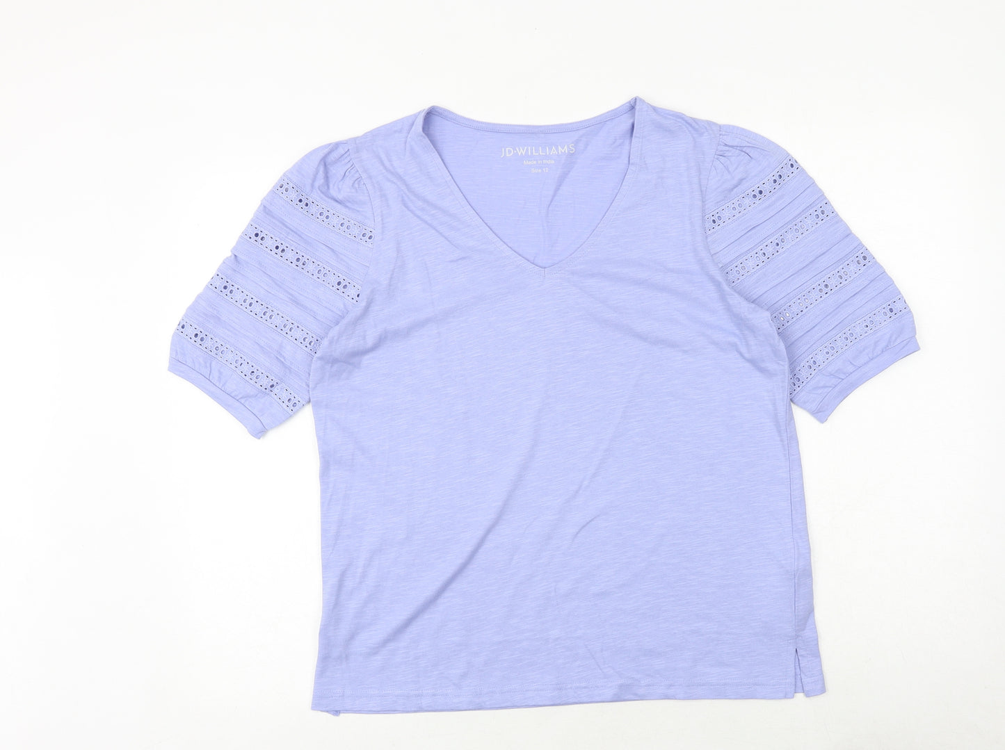 JD Williams Womens Purple 100% Cotton Basic T-Shirt Size 12 V-Neck - Broderie Anglaise