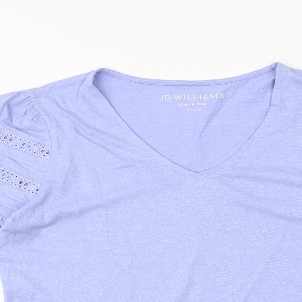 JD Williams Womens Purple 100% Cotton Basic T-Shirt Size 12 V-Neck - Broderie Anglaise