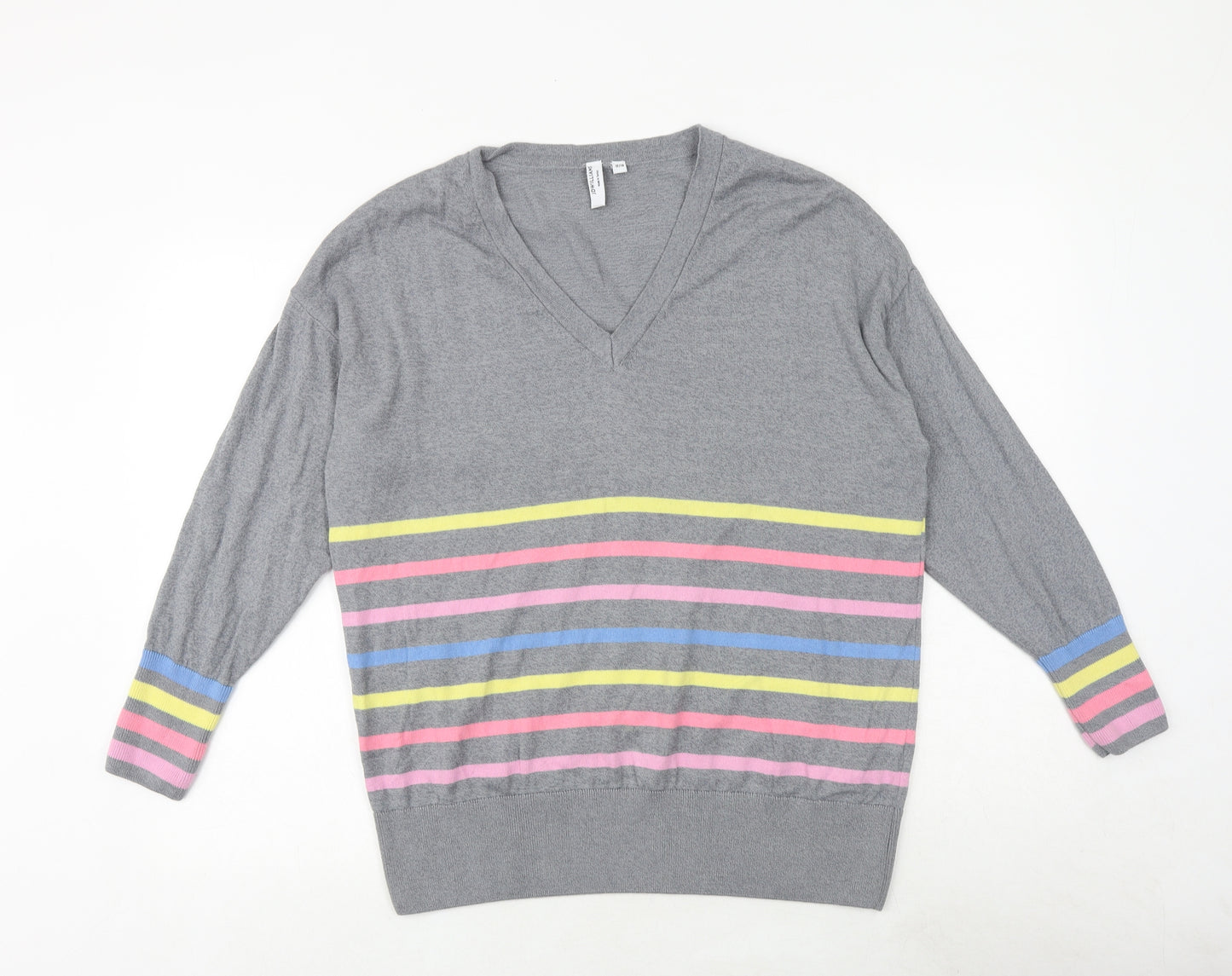 JD Williams Womens Grey V-Neck Striped 100% Cotton Pullover Jumper Size 14