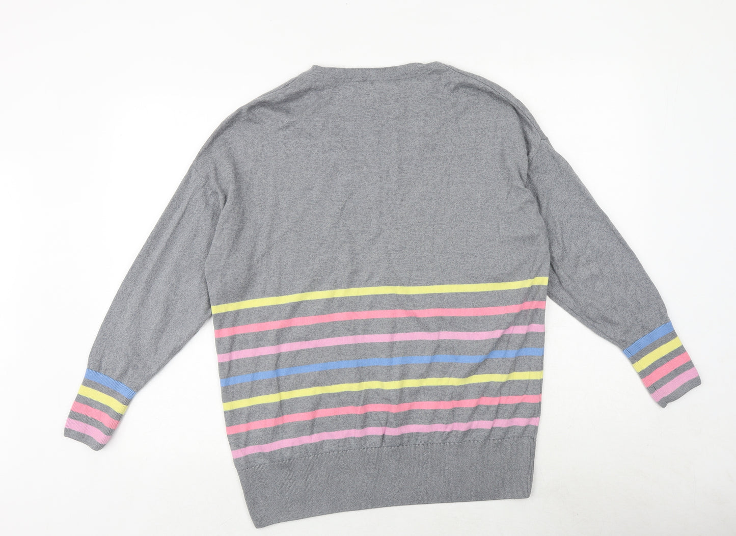 JD Williams Womens Grey V-Neck Striped 100% Cotton Pullover Jumper Size 14