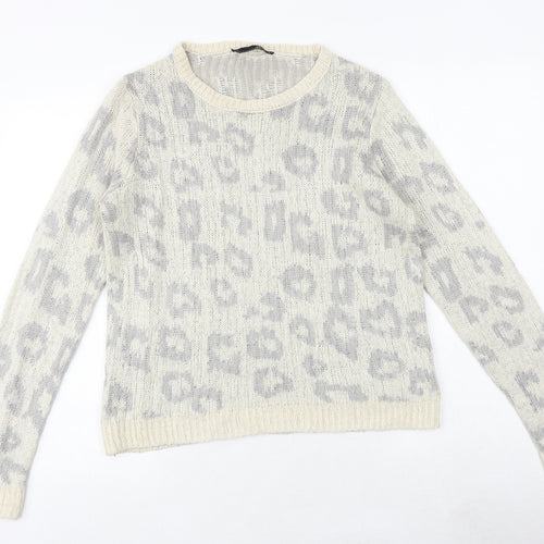 Dorothy Perkins Womens Beige Round Neck Animal Print Acrylic Pullover Jumper Size 10 - Leopard Pattern