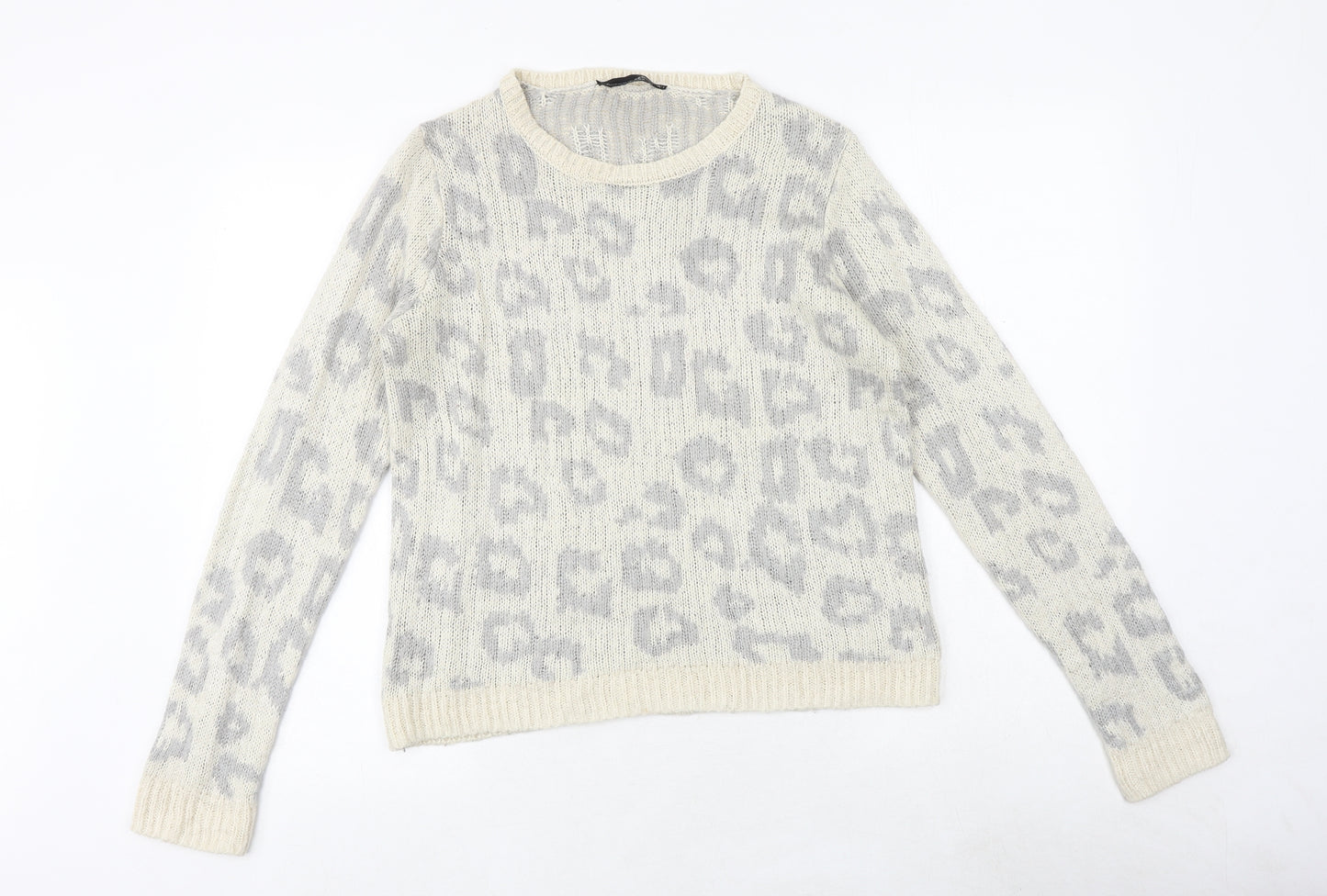 Dorothy Perkins Womens Beige Round Neck Animal Print Acrylic Pullover Jumper Size 10 - Leopard Pattern