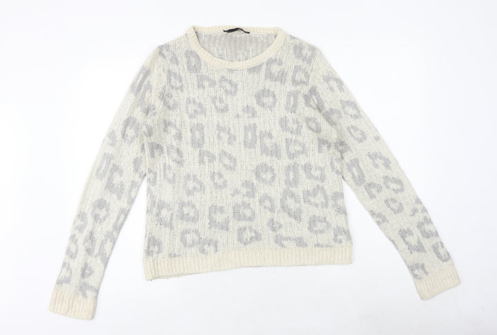 Dorothy Perkins Womens Beige Round Neck Animal Print Acrylic Pullover Jumper Size 10 - Leopard Pattern