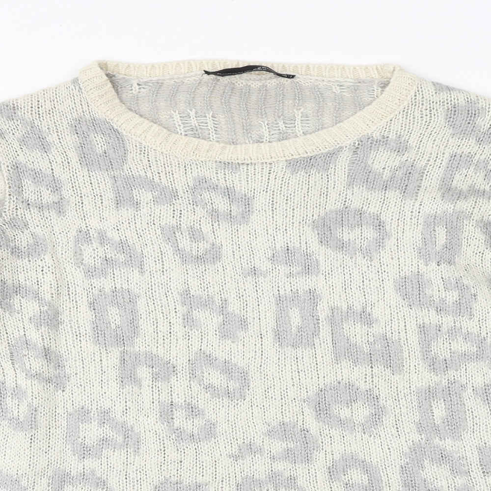 Dorothy Perkins Womens Beige Round Neck Animal Print Acrylic Pullover Jumper Size 10 - Leopard Pattern