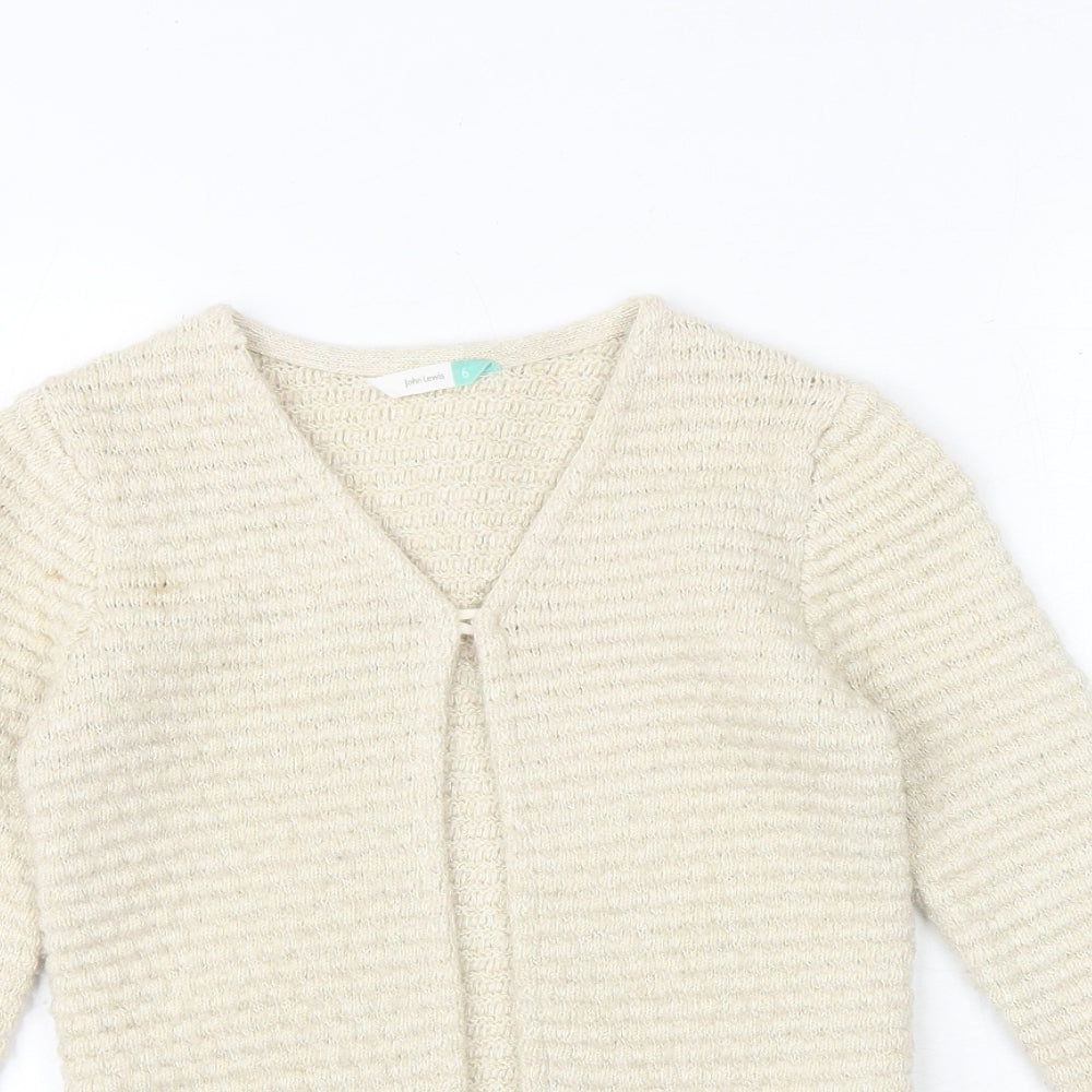 John Lewis Girls Beige V-Neck Striped Cotton Cardigan Jumper Size 6 Years Button