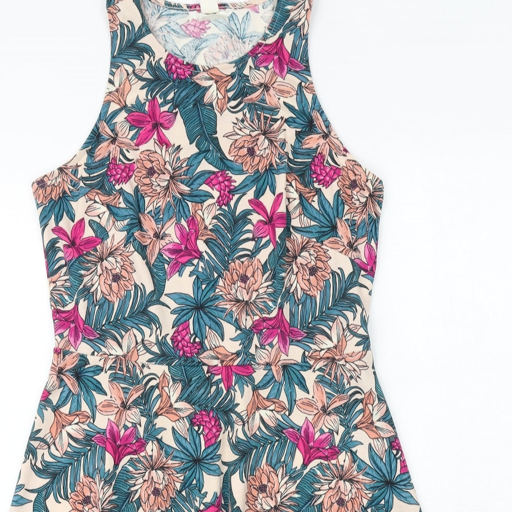 H&M Womens Multicoloured Floral Polyester Tank Dress Size L Boat Neck Pullover
