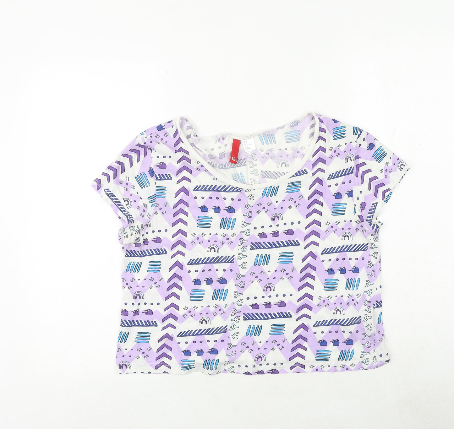H&M Womens Purple Geometric 100% Cotton Basic T-Shirt Size 10 Round Neck