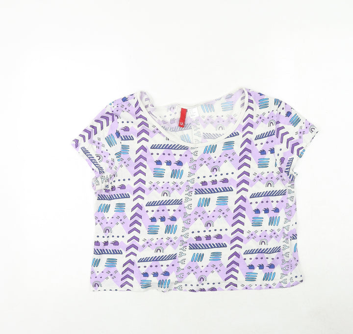 H&M Womens Purple Geometric 100% Cotton Basic T-Shirt Size 10 Round Neck