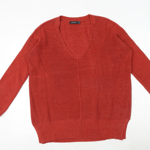 Glassons Womens Orange V-Neck Cotton Pullover Jumper Size M