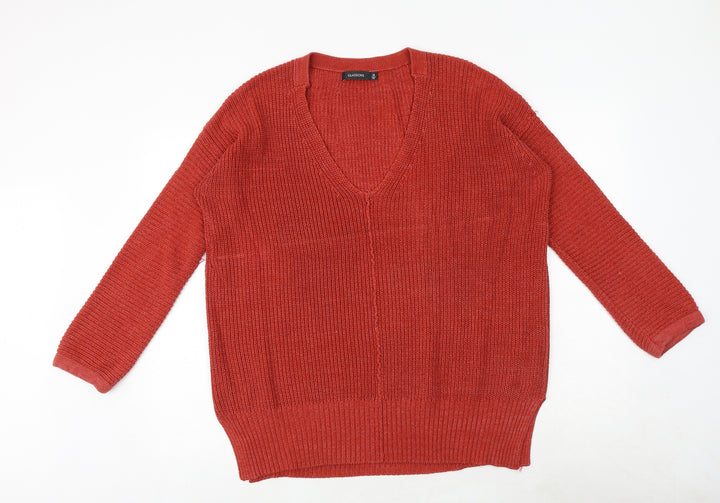 Glassons Womens Orange V-Neck Cotton Pullover Jumper Size M