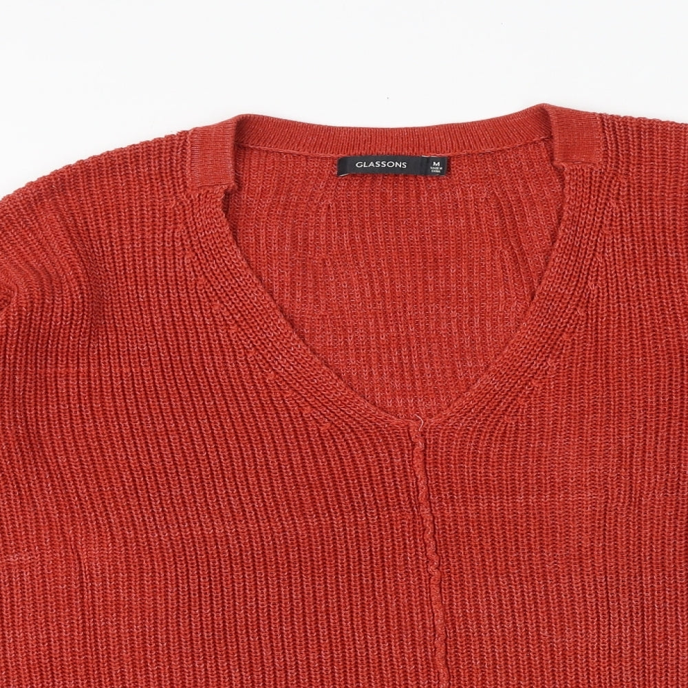 Glassons Womens Orange V-Neck Cotton Pullover Jumper Size M