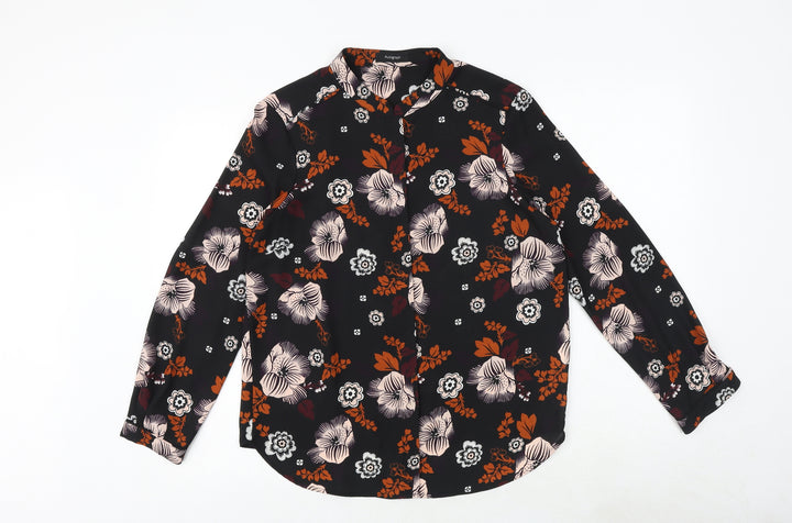 Marks and Spencer Womens Black Geometric Polyester Basic Button-Up Size 12 V-Neck