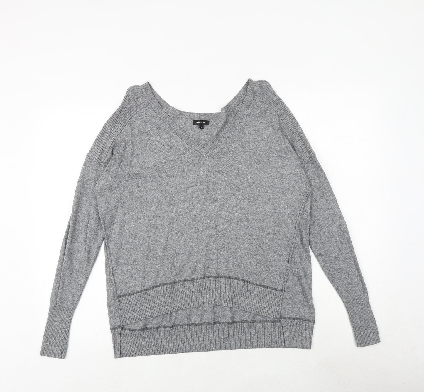 River Island Womens Grey V-Neck Viscose Pullover Jumper Size 8 - Elbow Patches
