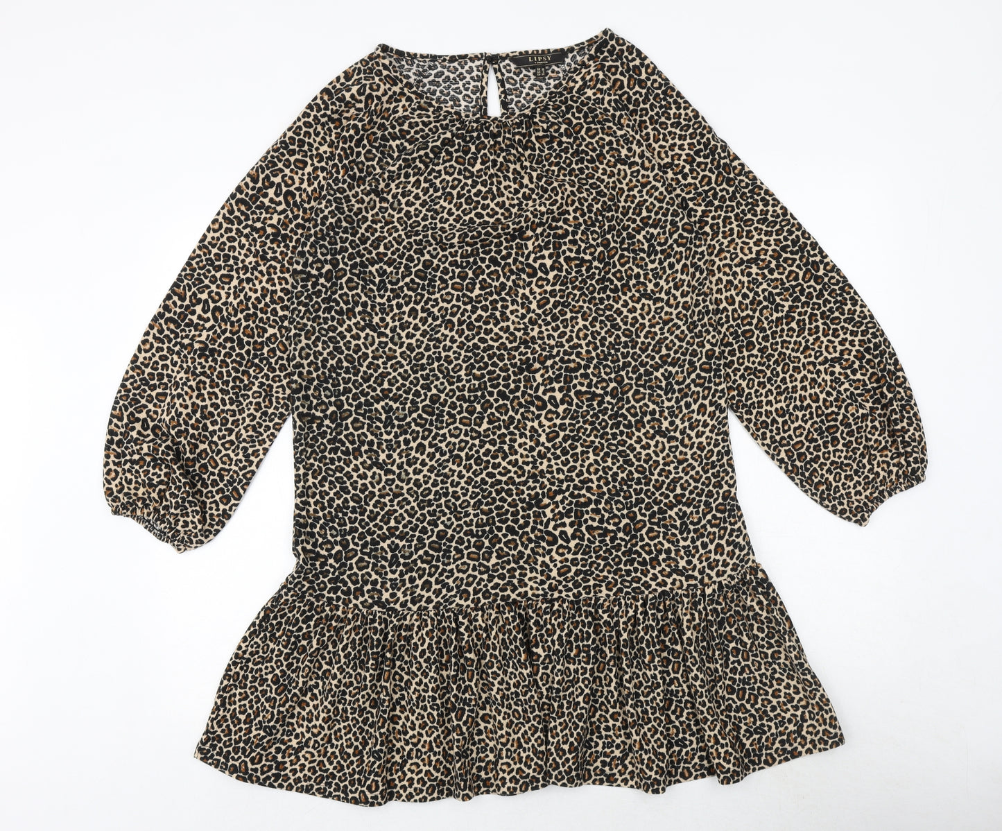 Lipsy Womens Brown Animal Print Polyester Shift Size 10 Boat Neck Button - Leopard Print
