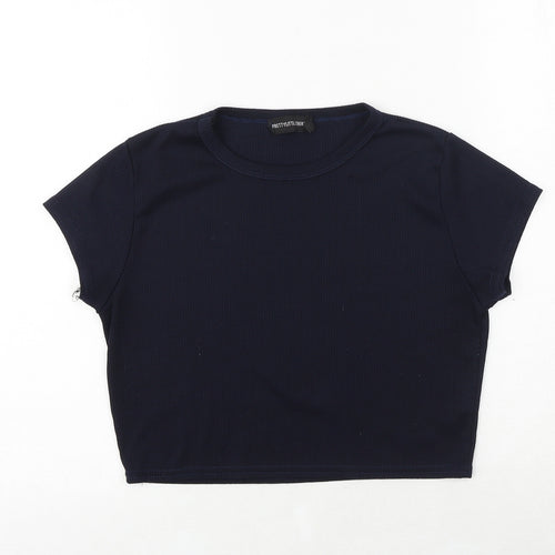 PRETTYLITTLETHING Womens Blue Polyester Cropped T-Shirt Size 14 Crew Neck