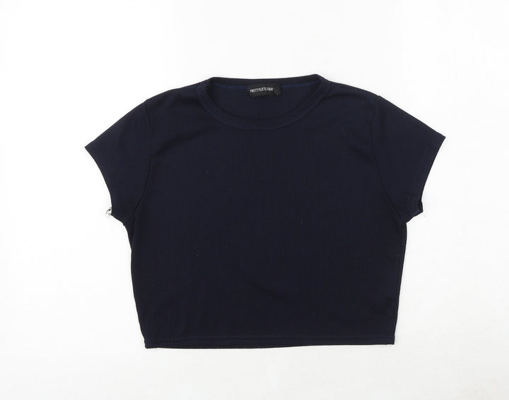 PRETTYLITTLETHING Womens Blue Polyester Cropped T-Shirt Size 14 Crew Neck