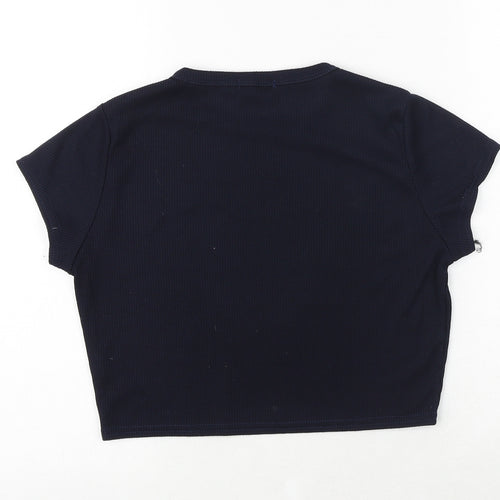 PRETTYLITTLETHING Womens Blue Polyester Cropped T-Shirt Size 14 Crew Neck