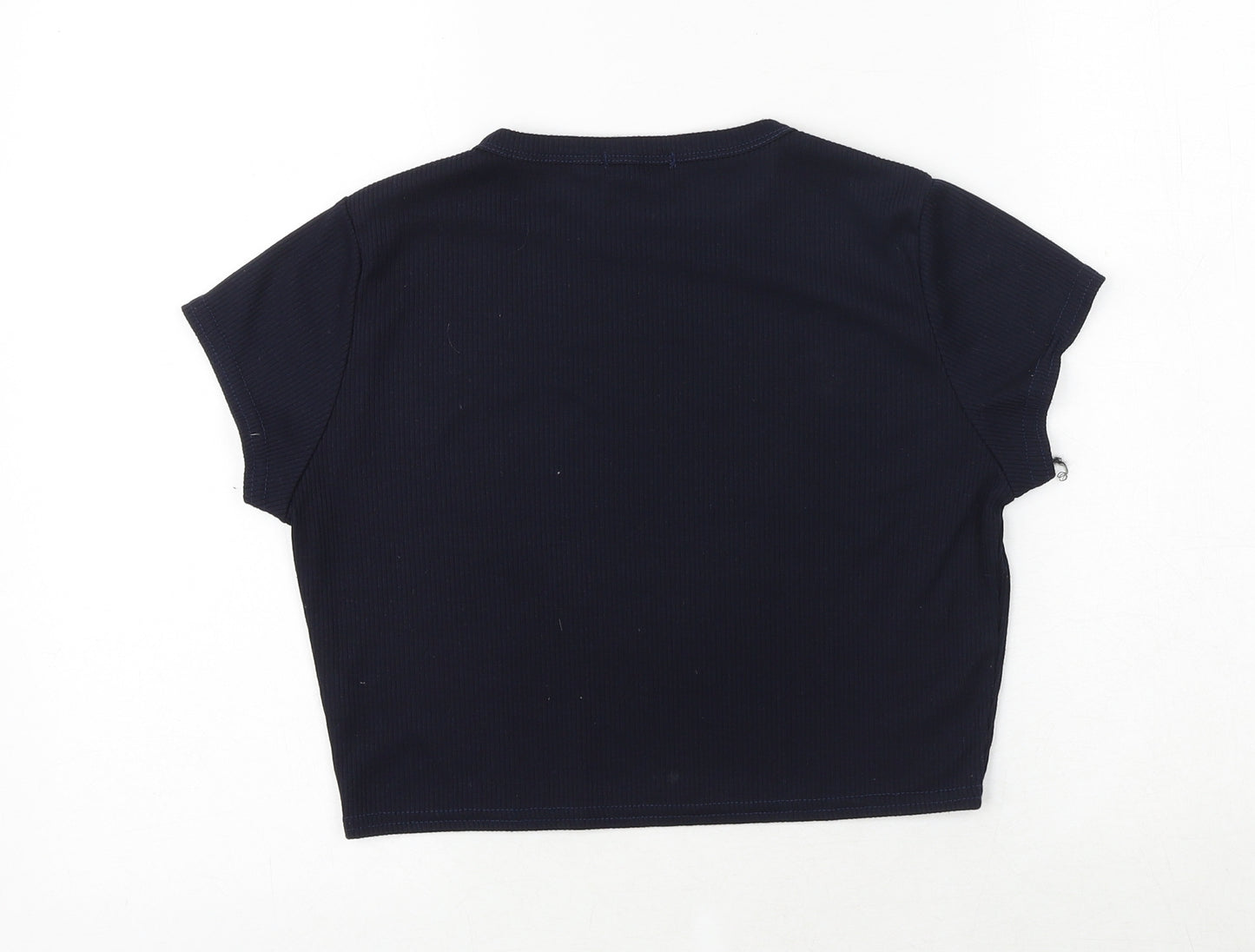 PRETTYLITTLETHING Womens Blue Polyester Cropped T-Shirt Size 14 Crew Neck